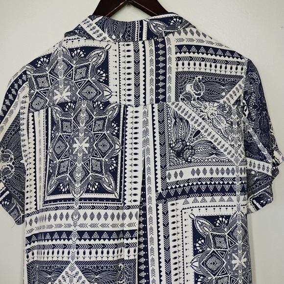 Supplies Button Up Shirt Short Sleeve Navy Blue White Boho Bandana Size Medium - Picture 6 of 13